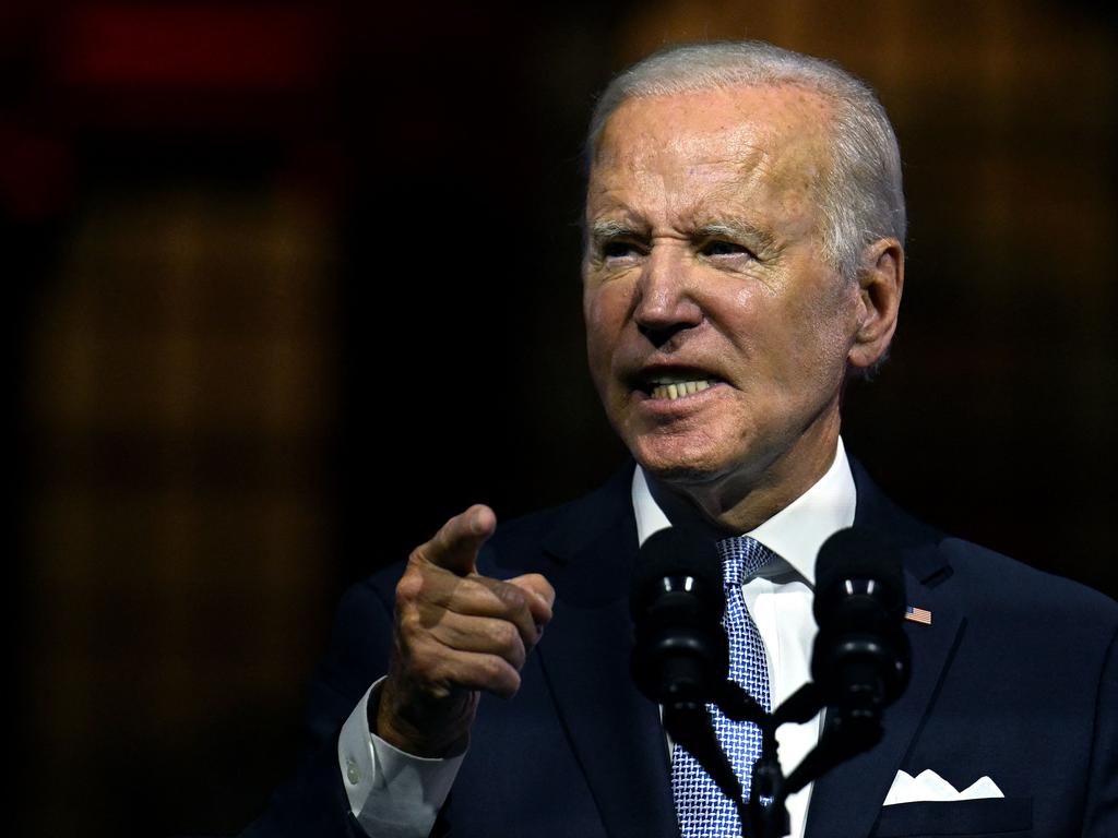 US President Joe Biden speaks calls Republican voters an assault on democracy, during a speech outside Independence National Historical Park. Picture: AFP