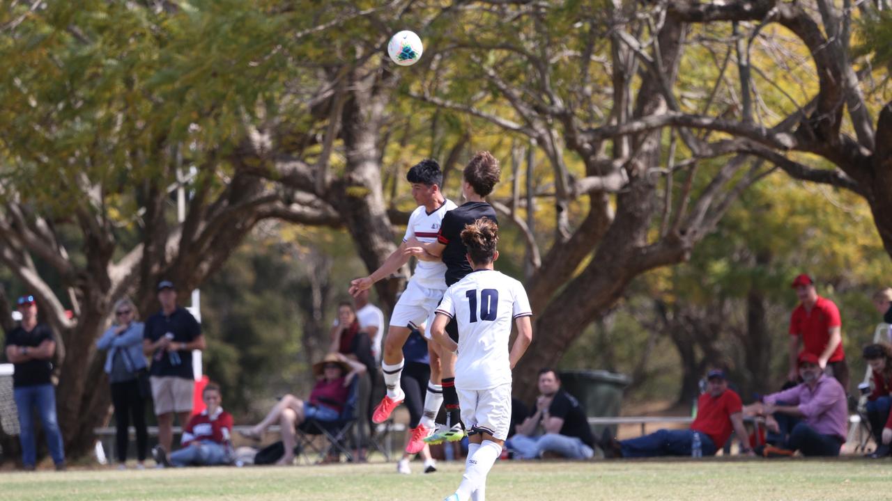 St Joseph's Gregory Terrace and The Southport School vie for the ball at the 2020 GPS First XI football premiership final at Tennyson. Picture: TSS