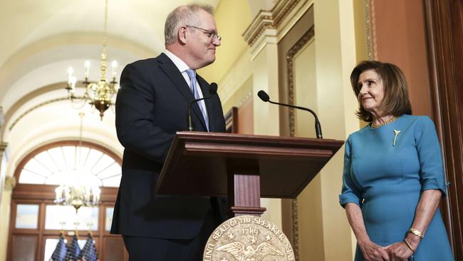 Scott Morrison is welcomed to the US Capitol in Washington by Democratic House of Representatives Speaker Nancy Pelosi on Thursday. Picture: Getty Images/AFP