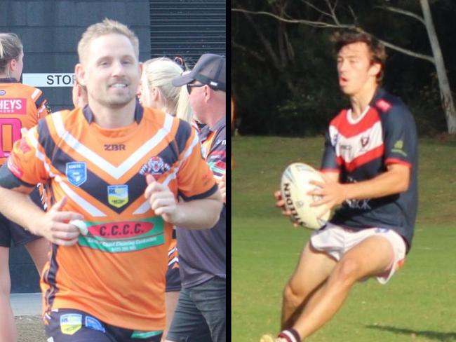 The Entrance captain Matt Killick and Erina's Riley Burke, playing in the 2023 Central Coast Community Rugby League competition. Photo: Alex Pichaloff