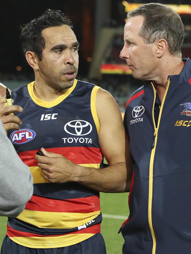 Eddie Betts with Don Pyke after the Crows’ round 22 loss. Pic: Sarah Reed