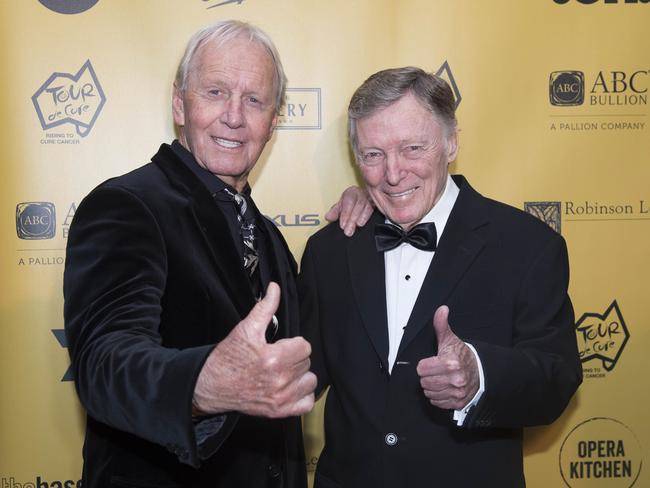 Paul Hogan and John Cornell on the red carpet attending the Tour De Cure Snow Ball at The Star Ballroom in Sydney, last month. Picture: News Corp