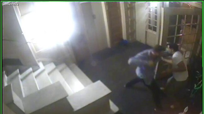 CCTV footage of Matthew Lodge assaulting Joseph Cartright in his New York apartment foyer in October 2015.