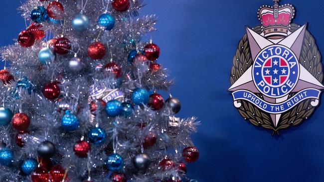 Victoria Police launched Operation Roadwise with a Christmas tree decorated with the names of every individual killed on Victorian roads this year. Picture: Mark Dadswell