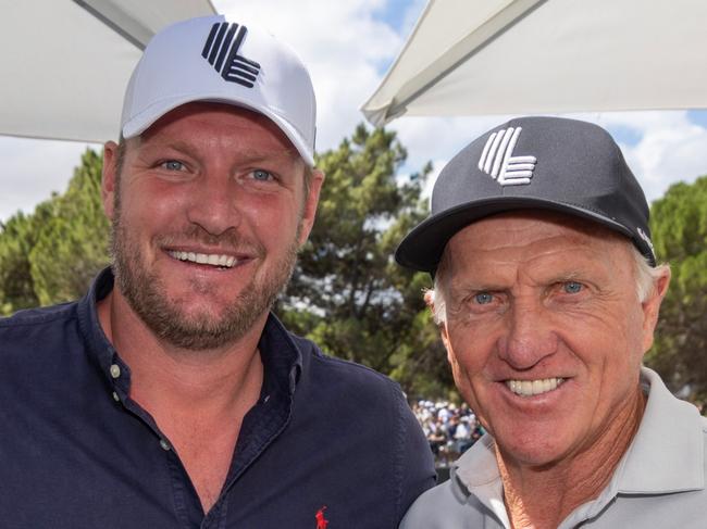 February 15, 2025: Deputy Leader of the Victorian Liberal Party Sam Groth with Greg Norman at Liv Golf Adelaide. Picture: Kelly Barnes