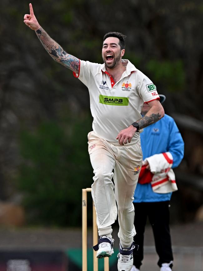 Lambden celebrates a wicket. Picture: Andy Brownbill