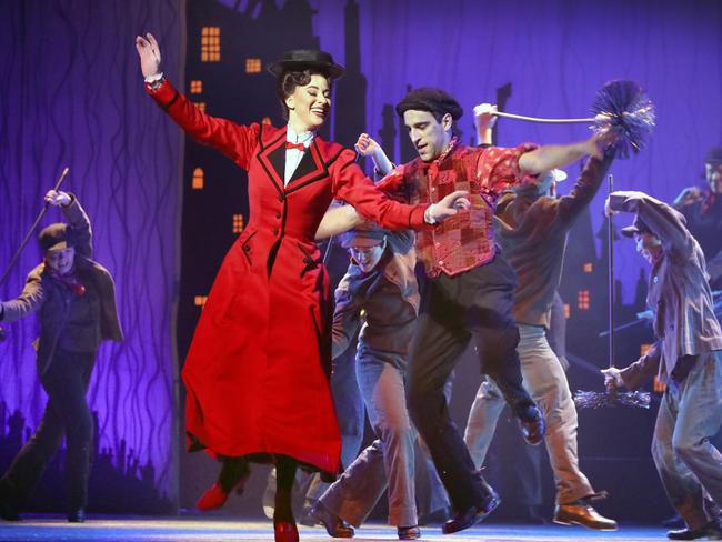 Stefanie Jones (Mary Poppins) and Jack Chambers (Bert) on stage at the Festival Theatre. Picture: Dean Martin