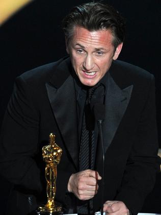 Sean Penn with his second Best Actor Oscar for the movie Milk. Picture: AFP