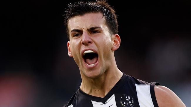 MELBOURNE, AUSTRALIA - AUG 17: Nick Daicos of the Magpies celebrates a goal during the 2024 AFL Round 23 match between the Collingwood Magpies and the Brisbane Lions at The Melbourne Cricket Ground on August 17, 2024 in Melbourne, Australia. (Photo by Michael Willson/AFL Photos via Getty Images)