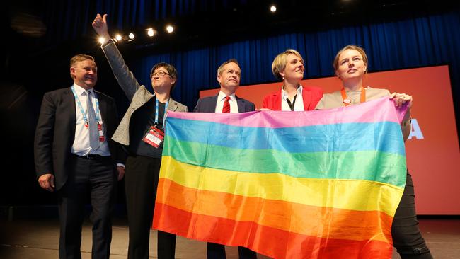 Anthony Albanese, Penny Wong, Bill Shorten and Tanya Plibersek celebrate the passing of the marriage equality amendment. Picture: Mark Stewart