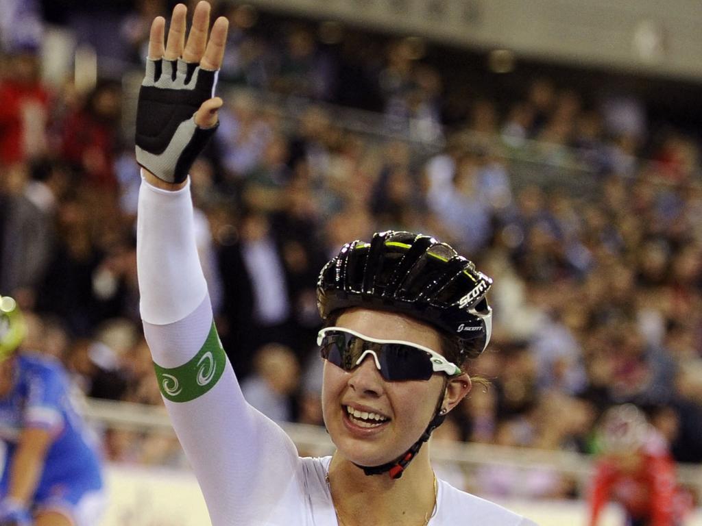 Melissa Hoskins celebrating winning the Women’s Scratch race of the UCI World Cup track cycling at the Velodrome in the Olympic Park in London on February 17, 2012. Picture: Miguel Medina / AFP