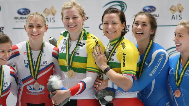 Centre group LtoR: Stephanie Morton and Anna Meares after winning the Team Sprint together earlier this year.