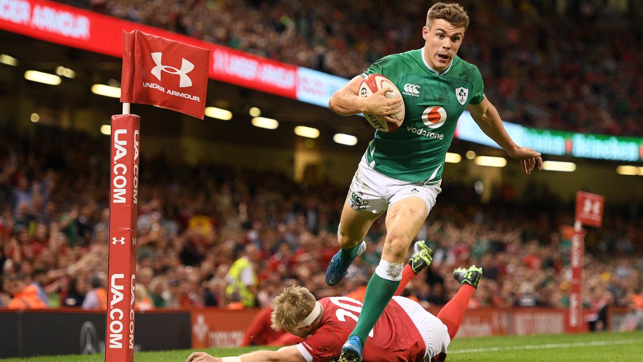 Garry Ringrose of Ireland goes over for a try, only for it to be disallowed.