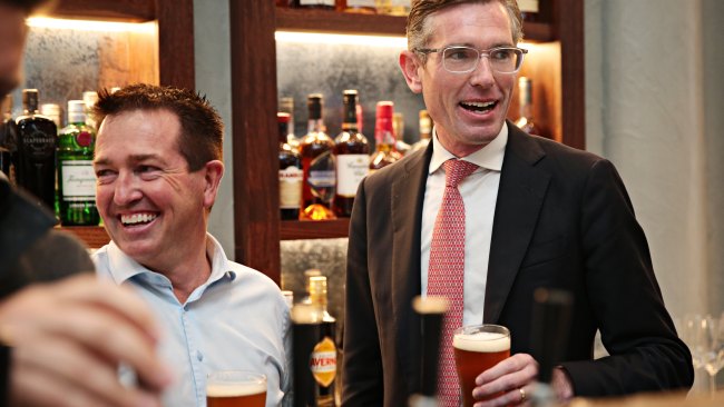 NSW Deputy Premier Paul Toole and Premier Dominic Perrottet enjoy a beer at Watson's pub in Moore Park on Monday. Picture: NCA NewsWire / Adam Yip