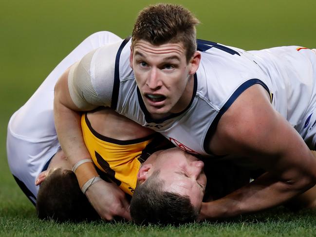 MELBOURNE, AUSTRALIA - JUNE 16: Josh Jenkins of the Crows looks on during the 2018 AFL round 13 match between the Hawthorn Hawks and the Adelaide Crows at the Melbourne Cricket Ground on June 16, 2018 in Melbourne, Australia. (Photo by Michael Willson/AFL Media/Getty Images)