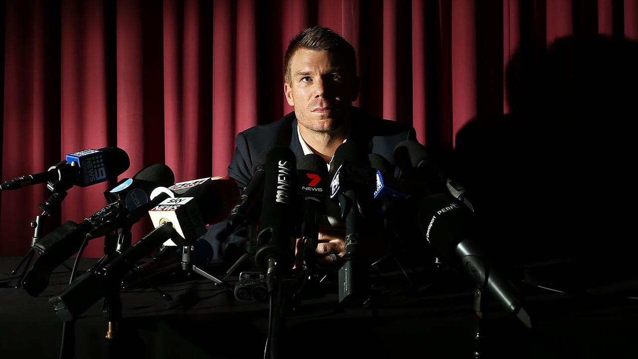 David Warner speaks to the media during a press conference at Cricket NSW Offices in 2018 after being banned for a year. (Photo by Brendon Thorne/Getty Images) (Photo by Brendon Thorne/Getty Images)