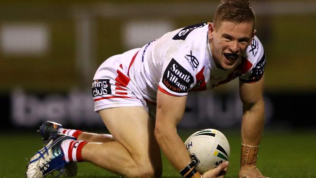 Matt Dufty celebrates after scoring a try for the Dragons. Picture: Cameron Spencer/Getty Images