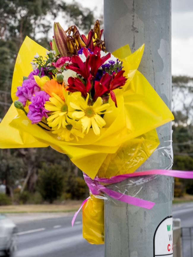 Flowers at the scene of a double fatal accident. Picture: Jake Nowakowski