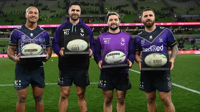 Felise Kaufusi, Jesse Bromwich, Brandon Smith and Kenneath Bromwich played their final regular season match for Melbourne Storm last weekend. Picture: Quinn Rooney/Getty Images