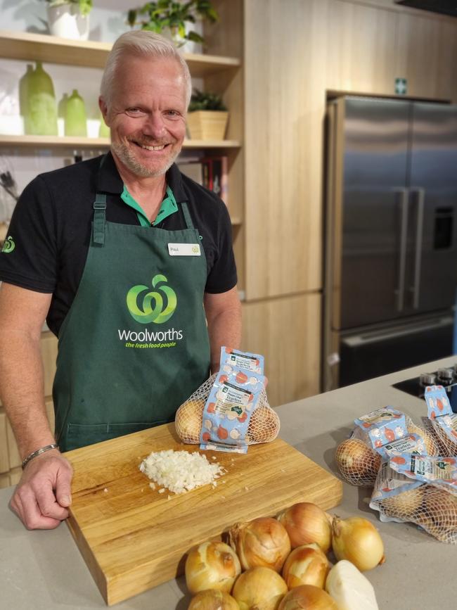 Woolworths Supermarkets’ Paul Turner is cooking with tearless onions, a new vegetable available in store. Picture: Supplied