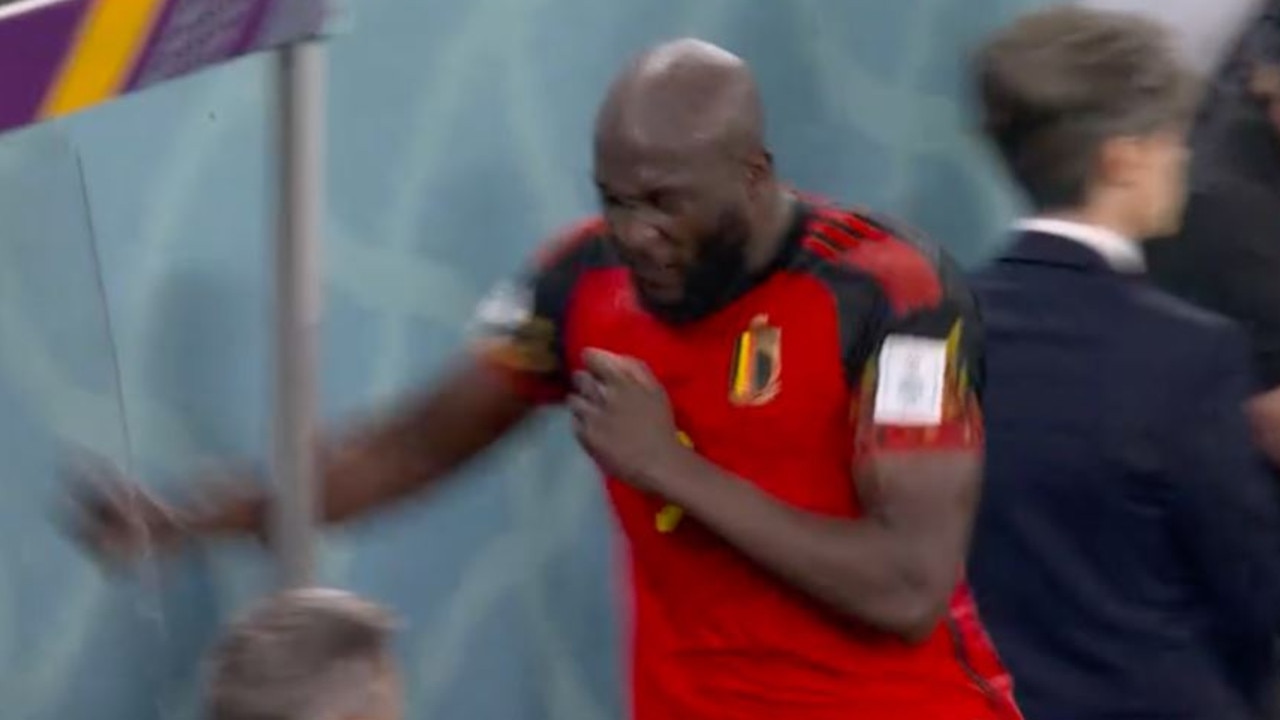 Romelu Lukaku hits the dugout after Belgium were dumped from the World Cup. Picture: Supplied