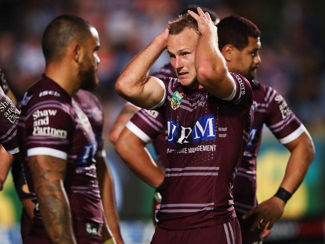 Manly's Daly Cherry-Evans after giving away penalty try during NRL match Manly Sea Eagles v Wests Tigers at Brookvale oval. Picture. Phil Hillyard