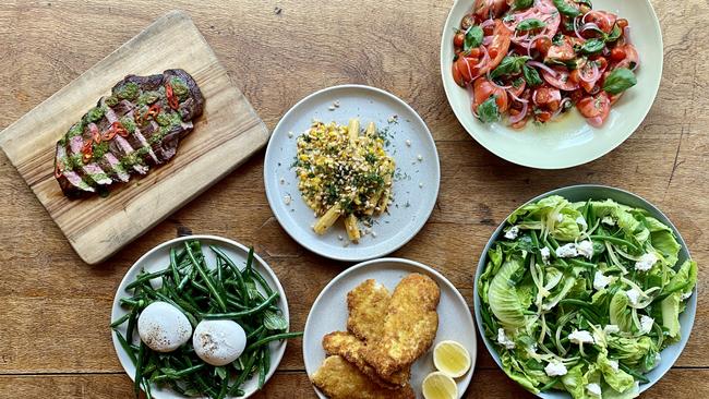 Some of the foods Matt Moran teaches you to cook, including a tomato salad (top right). Picture: Supplied