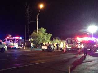 Two women were seriously injured in this crash on the Warrego Hwy east of Toowoomba. Photo from tweet sent by Chris Campey.