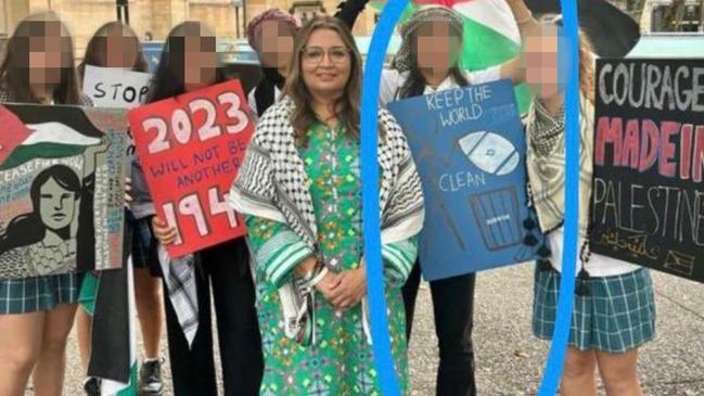 Greens Senator Mehreen Faruqi from the Student Protest for Palestine. It shows her standing and smiling beside a sign saying 'Keep the world clean'.