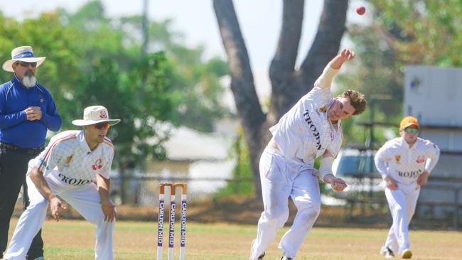 Josh Kann sends one down for Tracy Village against Sthn Districts in the Darwin Premier Grade cricket. Picture: Glenn Campbell