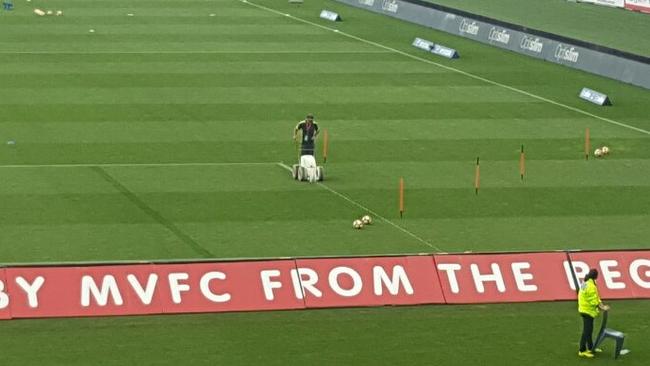Field being re-marked before kick off at Simonds Stadium.