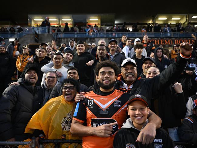 Jordan Miller made his NRL debut for the Wests Tigers in Round 15 2024, but faces being sacked after the Tigers claimed he was late to training. Picture: NRL Images.