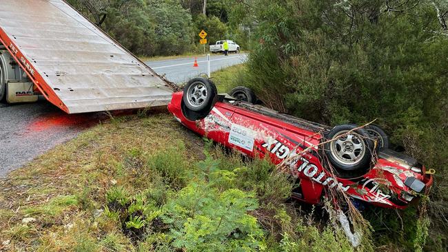 Shane Navin’s Mazda RX-7 is retrieved after the crash. Picture: S`upplied