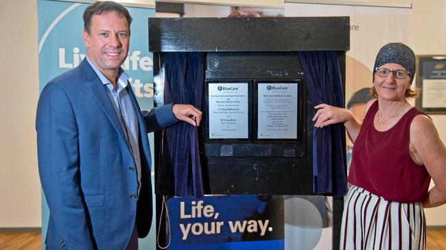 Uniting Care chief executive Craig Barke and Blue Care Central Queensland general manager Heather Henderson unveil a plaque acknowledging the completion of major refurbishments at Blue Care Homefield Aged Care Facility in West Mackay. Picture: Emma Murray