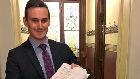 Bonney MP Sam O'Connor at State Parliament with a petition supporting NightQuarter.