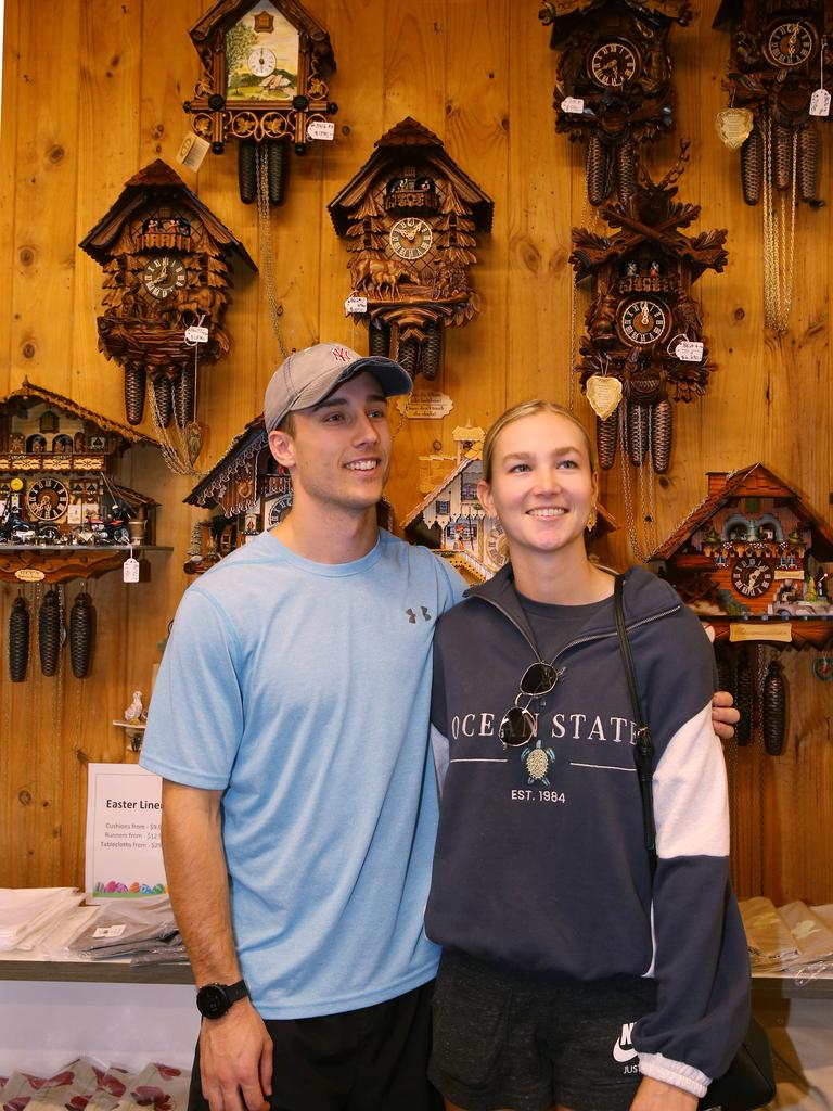 Ned Morcom and Jane Schefe from Adelaide check out Cuckoo Clocks... Picture Glenn Hampson