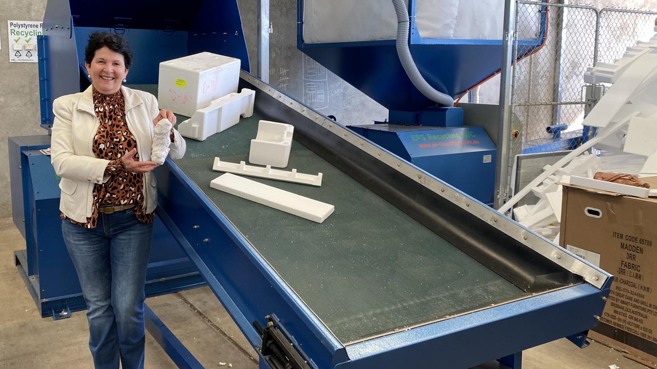 EXTENDED: Water and waste portfolio leader Councillor Nancy Sommerfield inspects the upgraded polystyrene recycling machine at the Greater Toowoomba Waste Management Facility.