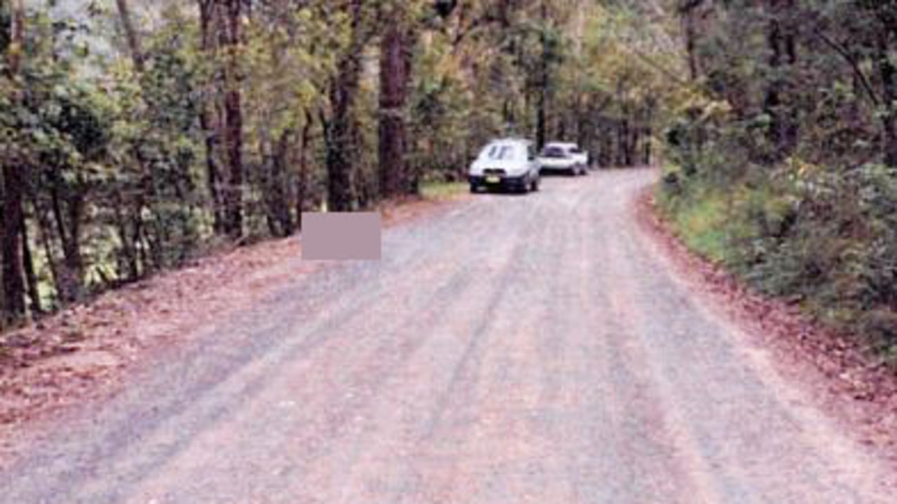 A motorist spotted the body (above, pixelated) in leaves on the shoulder of Mangrove Creek Road early on October 21, 2014. Picture: NSW Police.