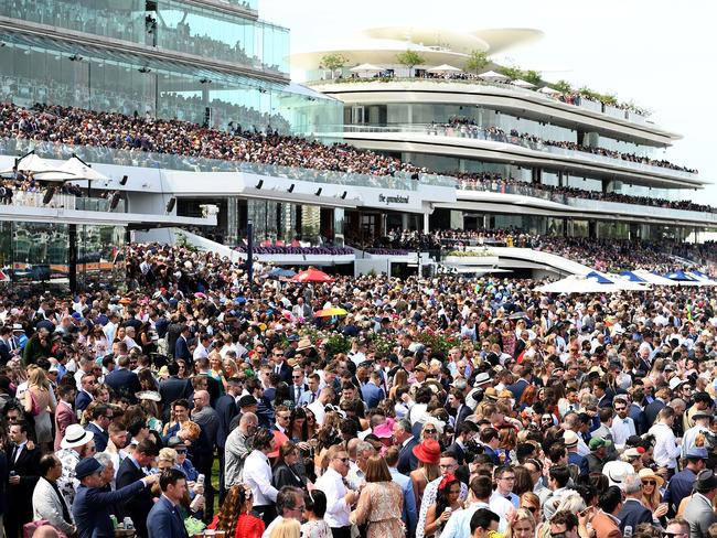 A big crowd watches the running of the Melbourne Cup at Flemington.