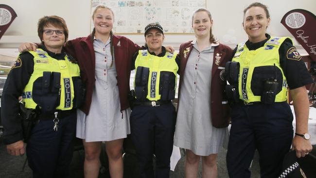 First Class Constable Jo Fordham, left, Remy Bailey, First Class Constable Mel Thomas, Jessica Kruijver and First Class Constable Rowena Watling at Ogilvie High School’s forum on domestic violence. Picture: MATT THOMPSON