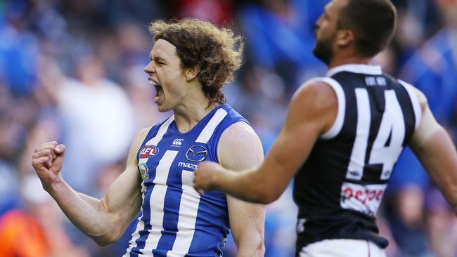 Ben Brown celebrates one of his many goals for North Melbourne. Picture: MICHAEL KLEIN