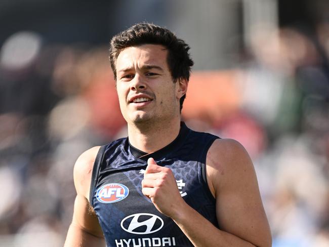 MELBOURNE, AUSTRALIA - SEPTEMBER 02: Jack Silvagni of the Blues runs laps during a Carlton Blues AFL training session at Ikon Park on September 02, 2023 in Melbourne, Australia. (Photo by Quinn Rooney/Getty Images)