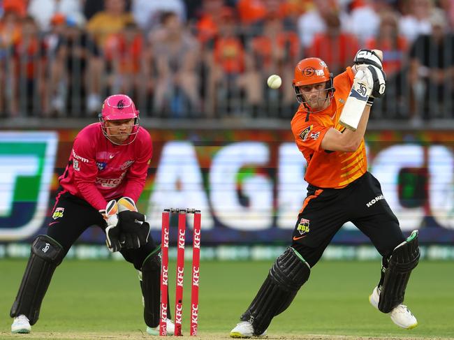 PERTH, AUSTRALIA - JANUARY 28: Cameron Bancroft of the Scorchers bats during the Men's Big Bash League match between the Perth Scorchers and the Sydney Sixers at Optus Stadium, on January 28, 2023, in Perth, Australia. (Photo by Paul Kane/Getty Images)