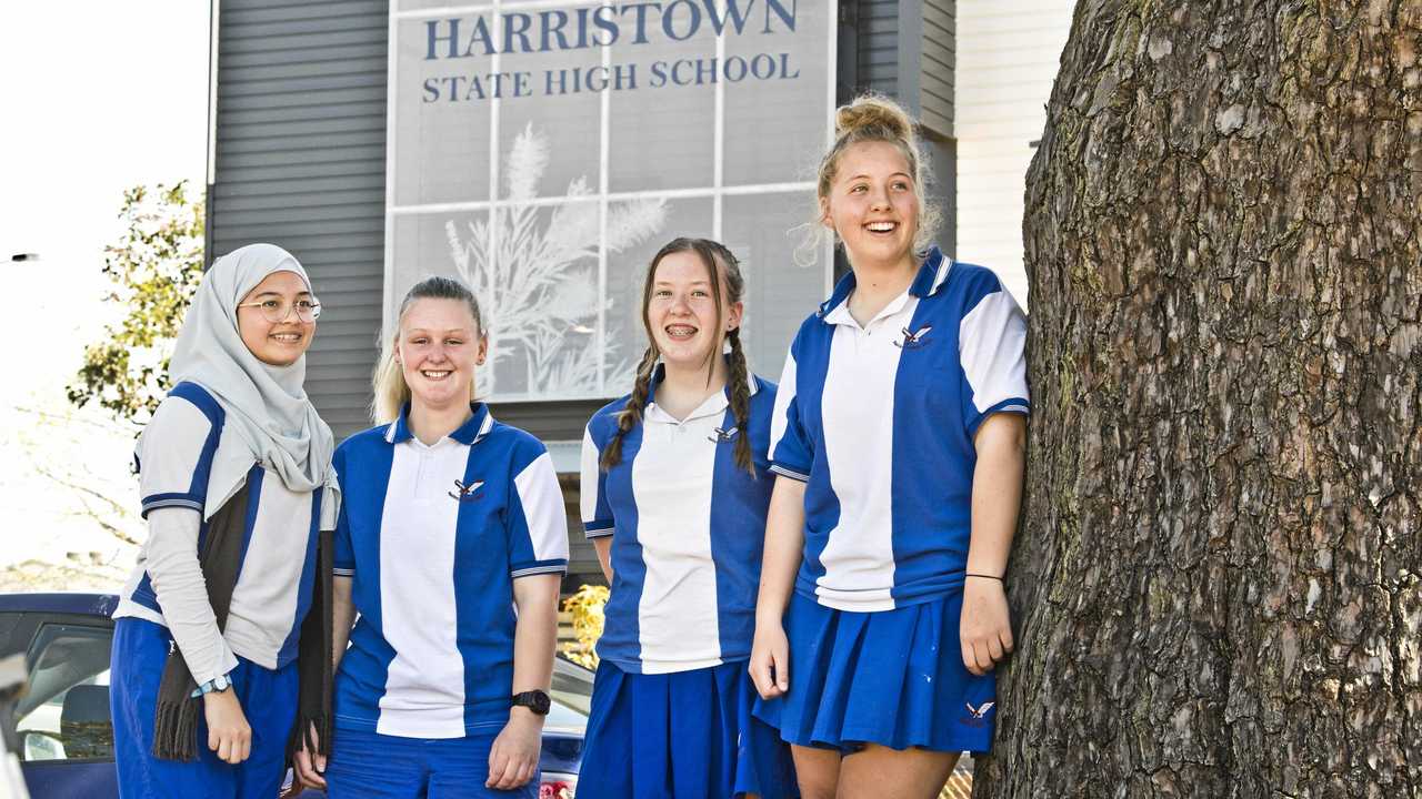 CHOOSING NAMES: Harristown State High School students, including (from left) Anisa Anderson, Madison Hartley, Ambah More and Erin Ryan, submitted names for the Toowoomba Bypass. Picture: Nev Madsen