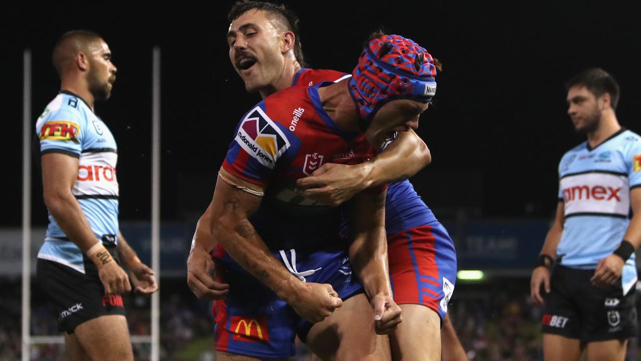 Kalyn Ponga of the Knights celebrates a try.