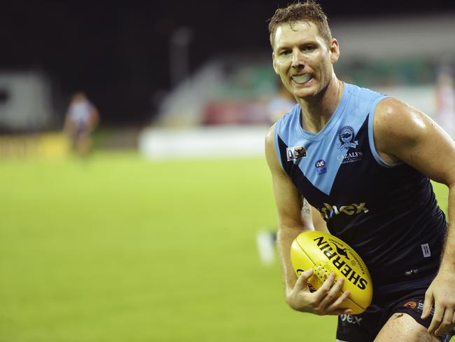 Darwin Buffaloes player Darren Shillabeer prepares to get boot to ball during the 2018 NTFL Men's Premier League Grand FinalPicture: Keri Megelus