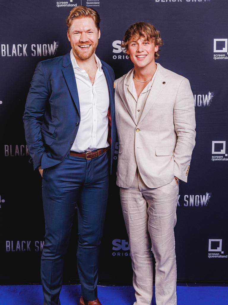 Alexander England and Joshua Macqueen at the Australian premiere of Queensland-produced Stan streaming series Black Snow at Brisbane's Event Cinemas Myer Centre. Picture: Stan Australia