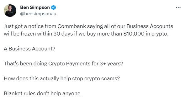 Cryptocurrency expert Ben Simpson was not happy about the change. Picture: Twitter