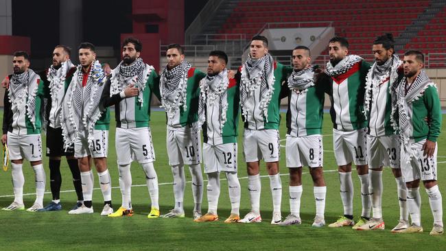 The Palestine team at the 2026 FIFA World Cup qualifiers football match. Picture: AFP