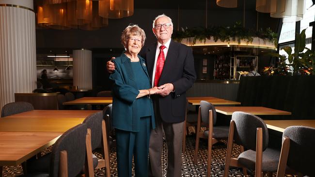 Margaret and Herbert Harding, both 94, who have been married for 70 years and met at the original Belvedere Ballroom, inside the new Belvedere restaurant at the Vibe Hotel Hobart. Picture: NIKKI DAVIS-JONES